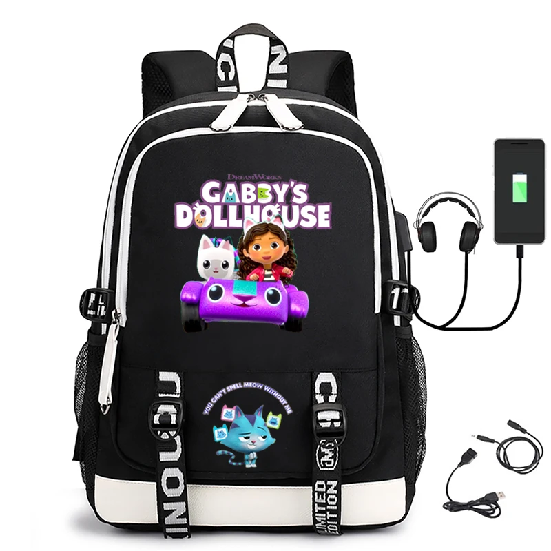 Spot peripheral backpacks Teen cartoon Gabby's Dollhouse schoolbag large capacity USB computer bag