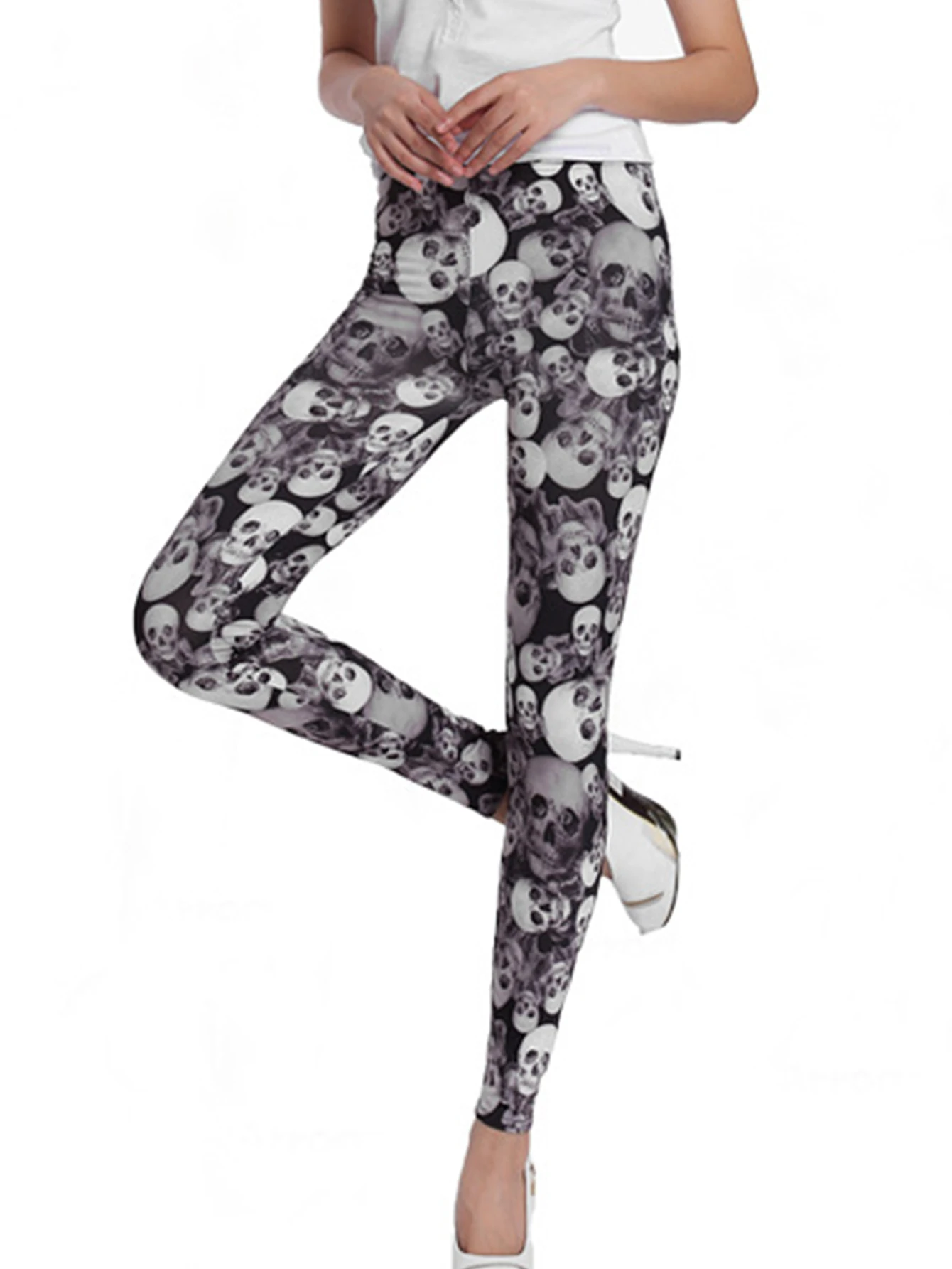 New European And American Milk Silk Skull Printed Leggings Fashion Thin Selling High Stretch Tight Nine-point Pants Women