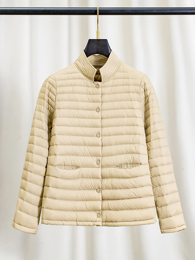 

Lightweight Khaki Single-Button Stand Collar down Jacket Women's Autumn Winter Long Sleeve Casual Style Straight Cut Nylon