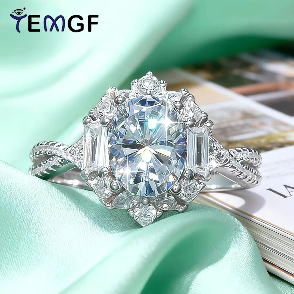 

TEMGF 2-каратное кольцо с бриллиантами овальной огранки D цвета, сертифицированные обручальные кольца из стерлингового серебра 925 пробы для женщин, свадебные украшения