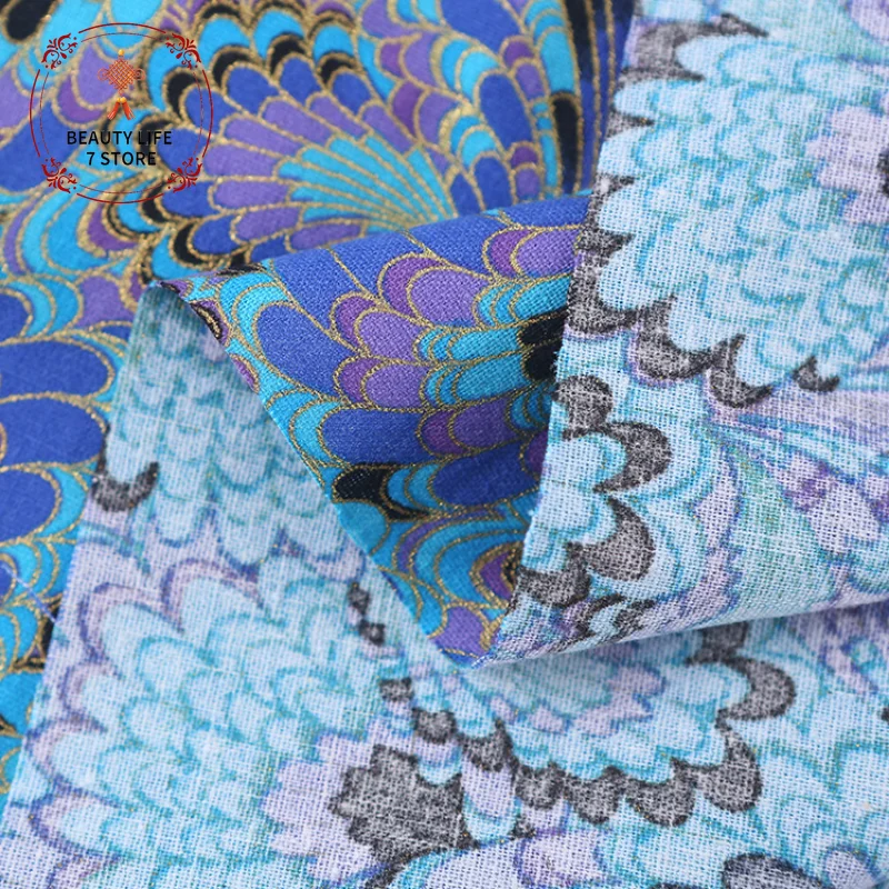 Japanese Style Bronzed Fabric 100% Cotton Printed Peacock Phoenix Tail Cloth For Sewing Kimono Bags Handmade DIY