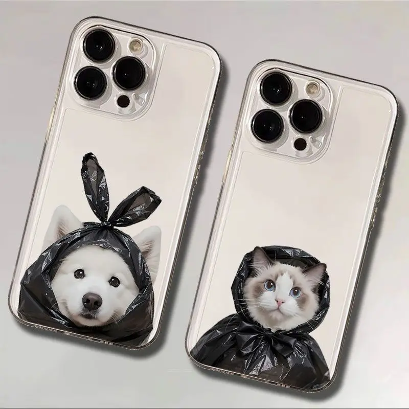 

Funny Plastic Bag Cats Dog Couple Phone Case For iPhone 16 15 11 12 14 13 Pro Max Mini X XSMax XR 7 8 Plus SE4 16e Silica Covers