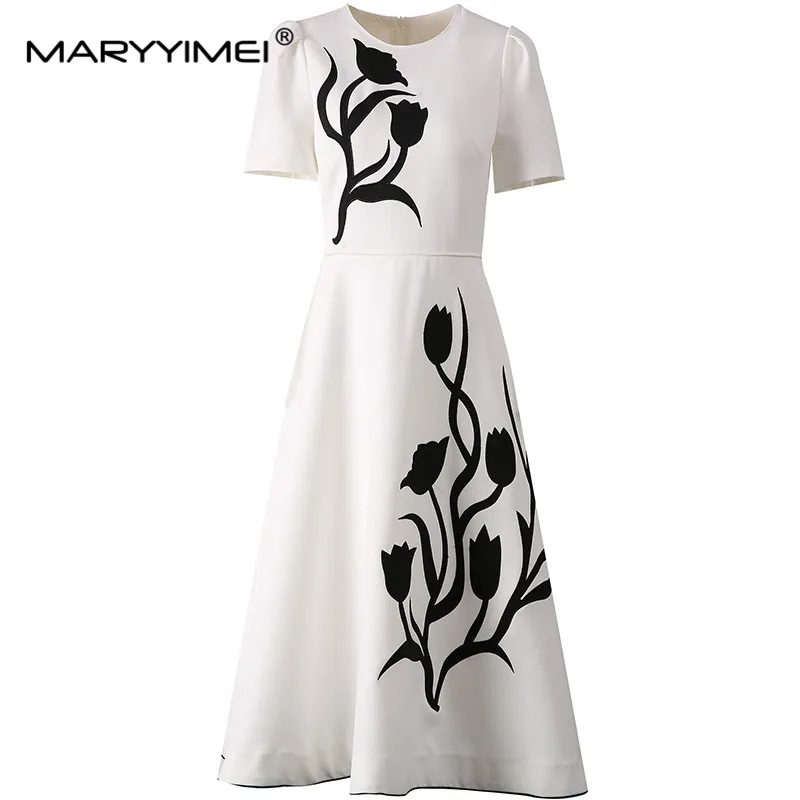 MARYYIMEI Summer Vintage Women\'s Dress Short Sleeved Patch Designs High Waist New Fashion Basic Dresses