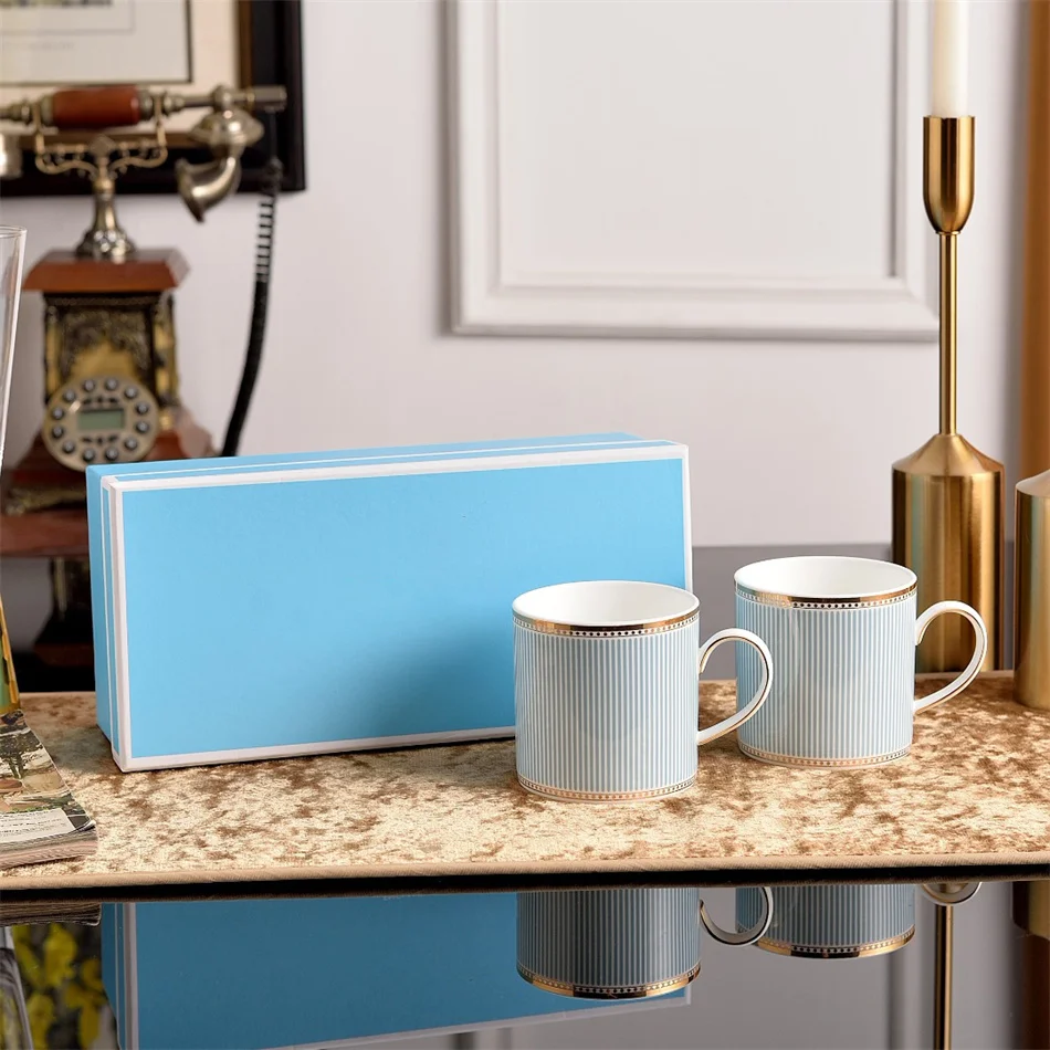 British Blue Striped Gold Borders Bone China Coffee Cup And Saucer Set High-end Afternoon Tea Sets Light Luxury Teapots Mugs