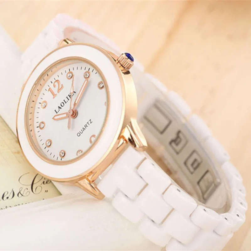 2019 Lichtgevende Atmosferische Wit Plus Goud Quartz Arabische Cijfers Keramische Band Horloge voor Vrouwen Student Fashion & Casual