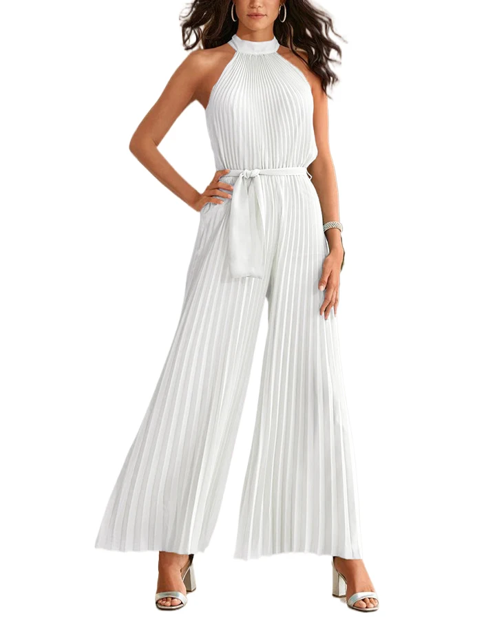 

Women's Sleeveless Jumpsuits Trendy Pleated Halter Neck Belted Rompers Summer Loose Fitted Wide Leg Jumpsuits