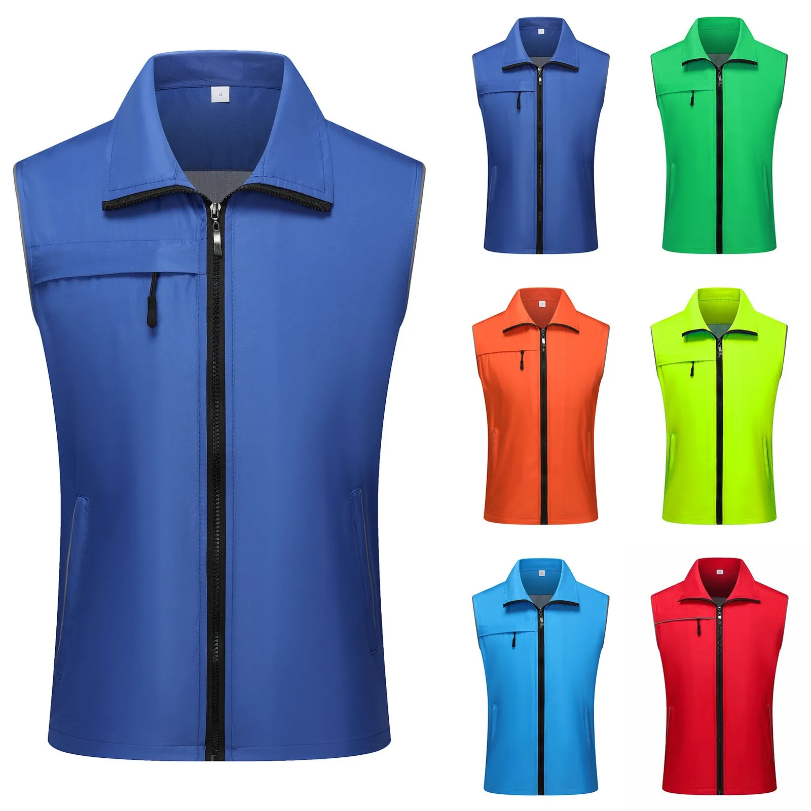 Casual Waistcoat Lapel Sleeveless Zipper Pockets Vest Coat Mesh Lining Outdoor Vest Volunteer Bright Color Work Waistcoat