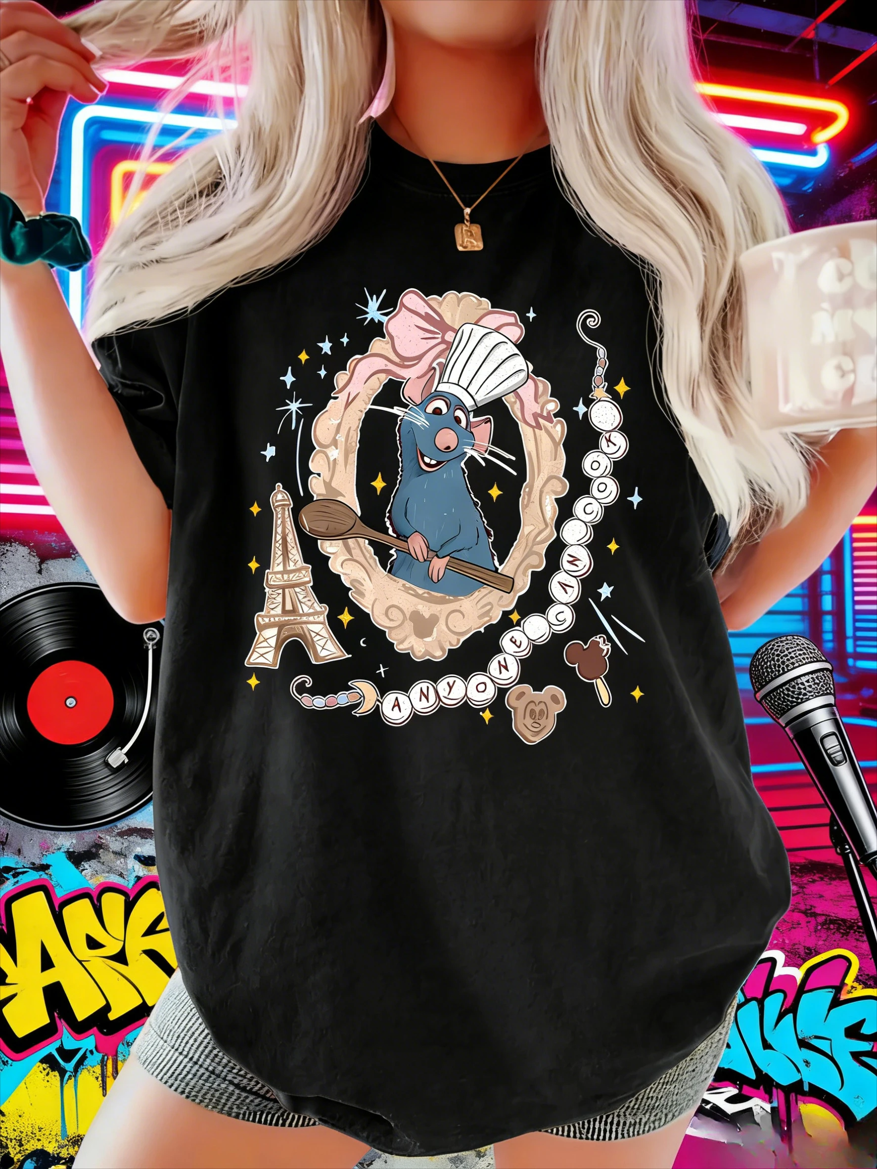 Disney Ratatouille Remy Chef Hat Eiffel Tower T Shirt Vintage Women's Men Cotton Tees O-Neck Casual Trendy Oversize Short Sleeve