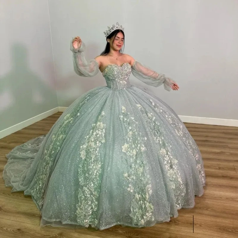 Sage Green Sweetheart Off The Shoulder Quinceanera Dresses Princess Prom Gown Tulle Lace Up Appliques Sweet 15 16 Dress Balll