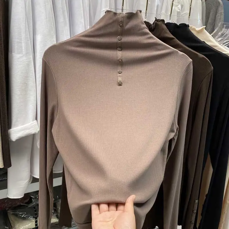 Mezza collo alto nero fungo bordo Base camicia donna 2024 primavera vestito nuovo temperamento coreano strato interno manica lunga t-Shirt Top