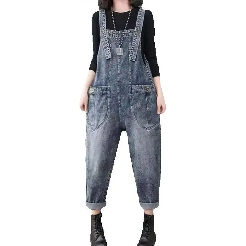 Women's Spring Denim Strap Pants SLarge Waist Slim Loose Leg Jumpsuit 2025 Summer New Fashion Overalls for Girls Jeans Woman