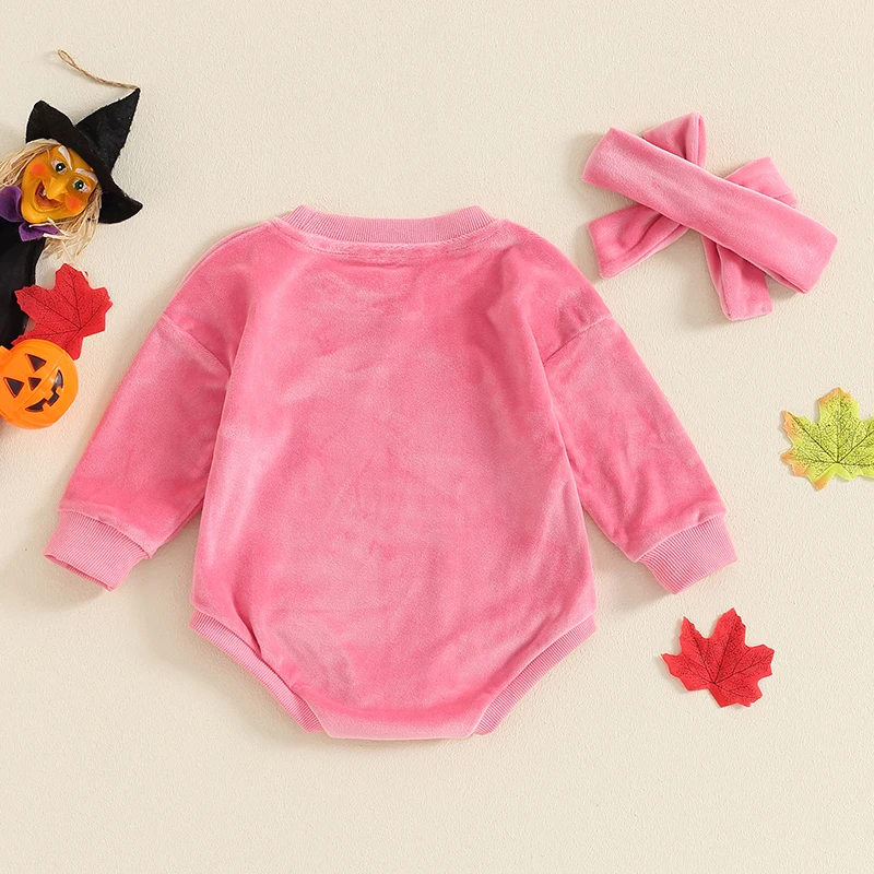 VISgogo Baby Girl Halloween Bodysuits Pumpkin Print Long Sleeve Velvet Romper Tie-Up Headband 2 Piece Set for Fall Clothes