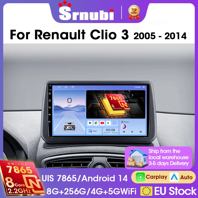 Autoradio sans fil Carplay 9 pouces, lecteur multimédia de navigation GPS, 2 Din DSP, Bluetooth 5.4, caméra arrière pour Renault Clio 3 2005-2014, Plug and Play, ventilateur de refroidissement