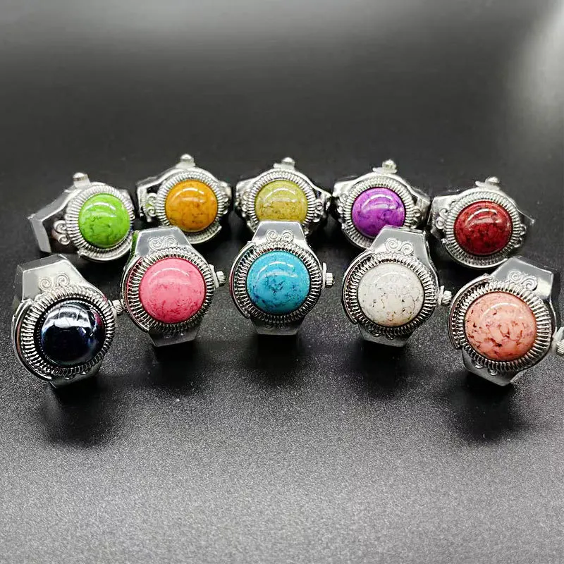 WLP Vintage Colorful Gemstone Flip Pocket Quartz Finger Rings Women Men Couples Dial Clock Elastic Strap Alloy Ring Jewelry Gift