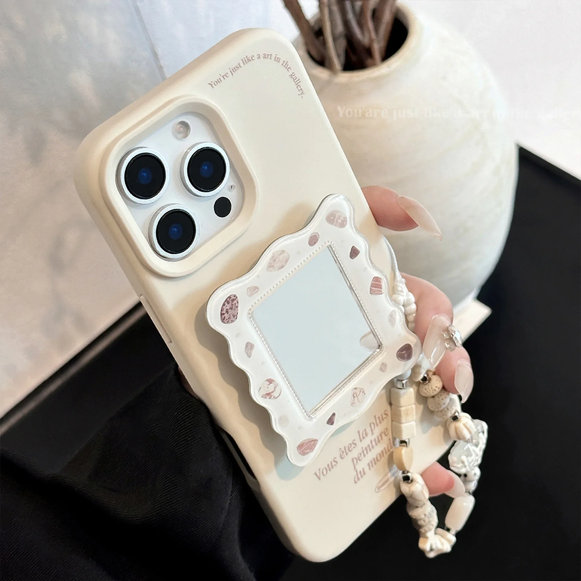 Koreanische Buchstaben Make-up Spiegel Halterung Telefon Fall für iPhone 17 16 15 14 13 12 Pro Max mit Lanyard stoßfeste Schutzhülle