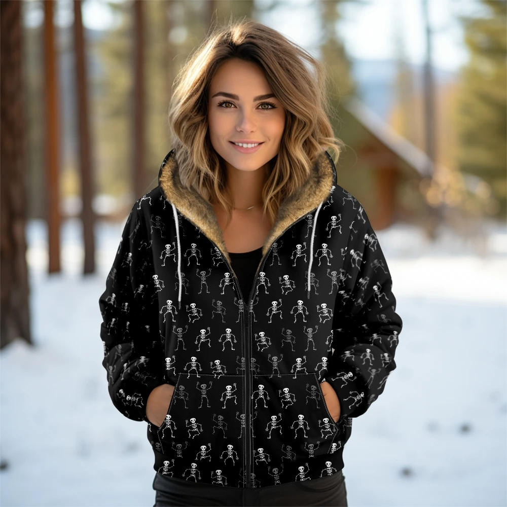 Y2k gótico feminino hoodie coração crânio impressão preto zip up jaqueta inverno quente velo forrado casaco bonito moda fuzileiro streetwear