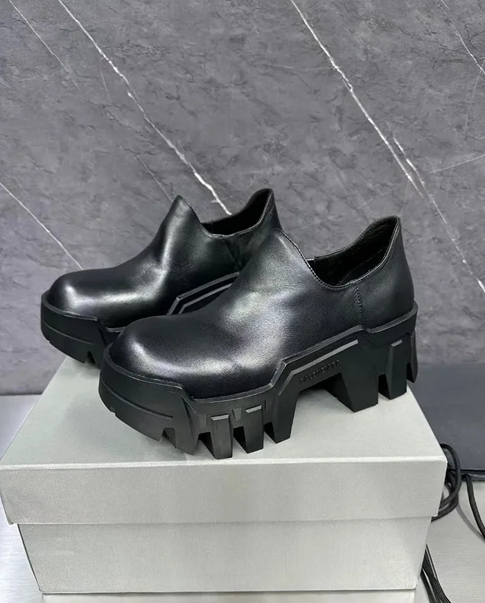 Height Increasing Platform Muffin Bottom Cowhide Loafers Spring New Slip-on High Heel Small Leather Big Head Derby Shoes Women
