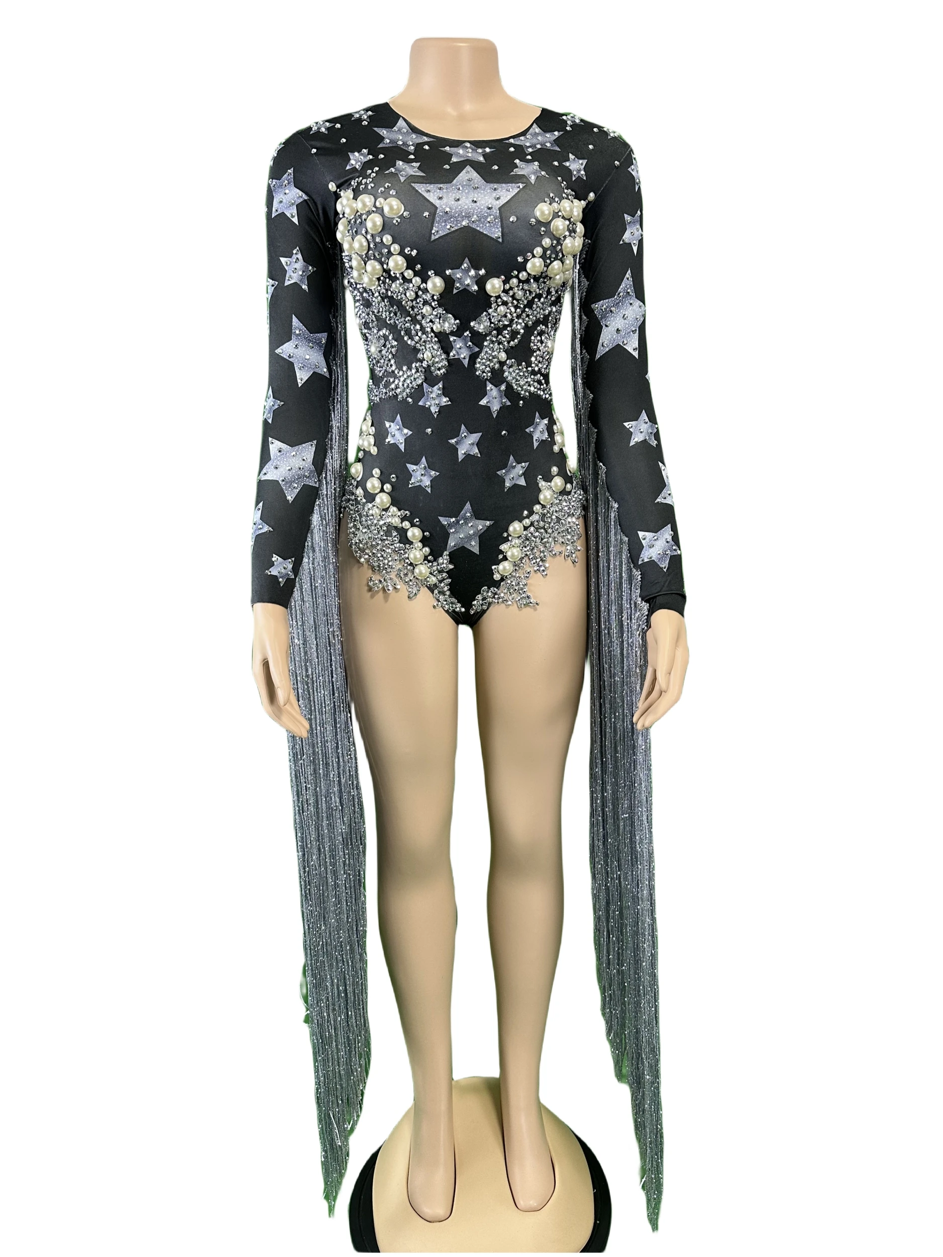 Sparkly Beaded Rhinestones Bodysuits Women Show Performance Star Cheerleader Fringe Singer Dancer Body Suits Drag Queen Costume