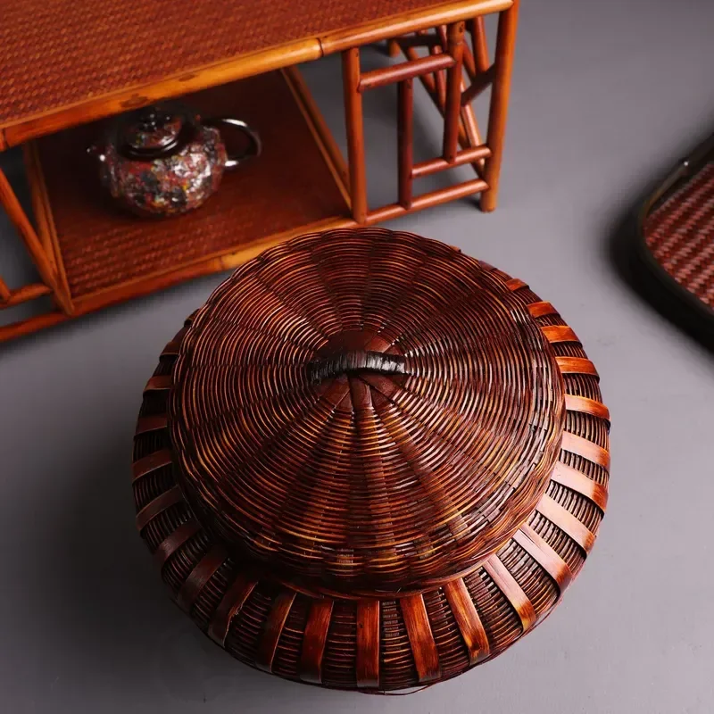 Retro Tung Oil Handmade Bamboo Woven Storage Box Antique Basket Natural Bamboo Craft Home Decor Organizer Model 2024