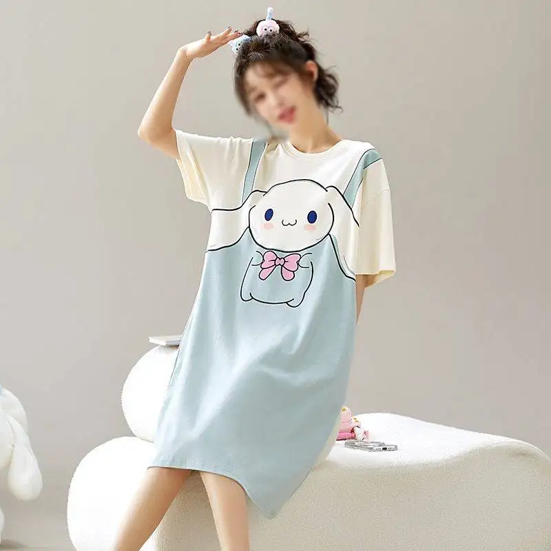 

Пижамное платье Sanrio Cinnamoroll Y2K, женская ночная рубашка с короткими рукавами, длинные платья, неглиже, летняя одежда, домашняя одежда