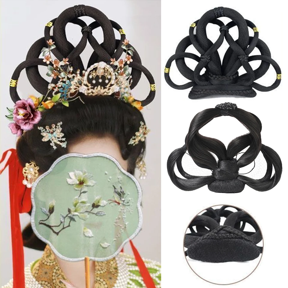 Hanfu Wig Ancient Costume Chinese Traditional Braids Chignon Princess Hair Bun Cosplay Vintage Wig For Women Synthetic Hair
