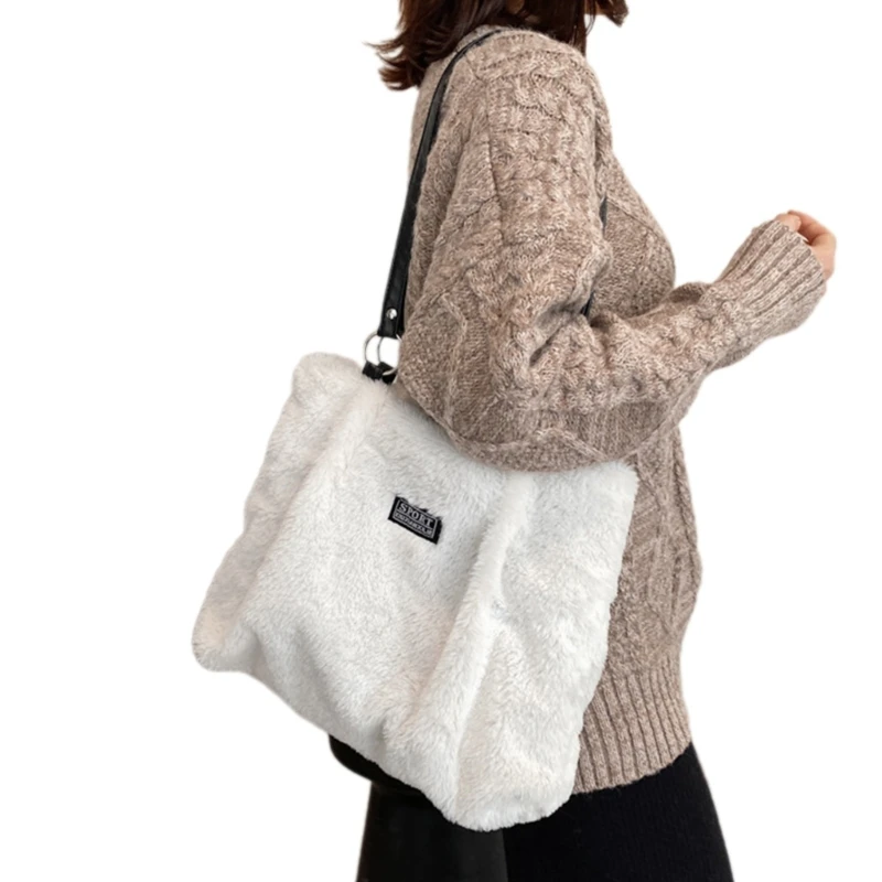 Stylish White Cow Pattern Plush Shoulder Bag with Ample Storage Handbag Convenient for Daily Use