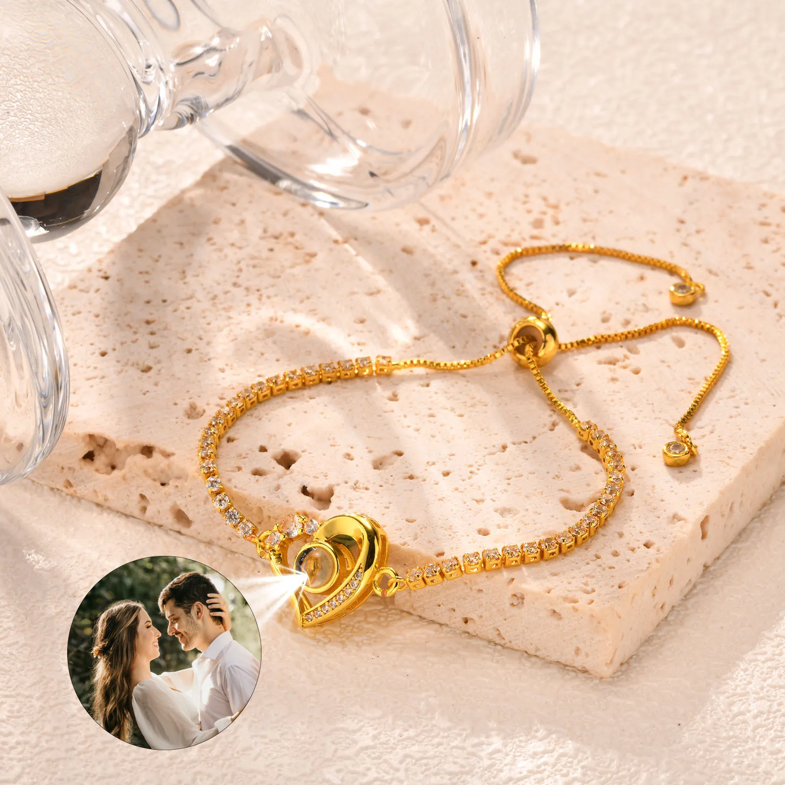 Custom Bracelets with Picture Inside, Personalized Photo Bracelet, Zirconia Chain Adjustable, Memorial Gifts for Loved Git