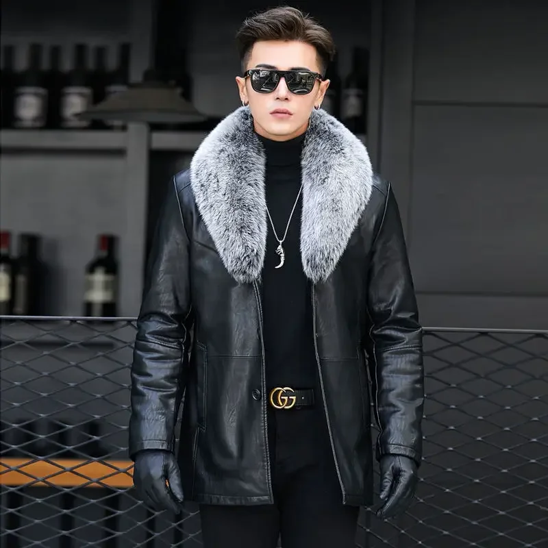 Winter Men's Fur Integrated Leather Jacket Male Sheepskin Lamb Fur Inner Liner Genuine Leather Jacket Man Fleece Real Fur Coat