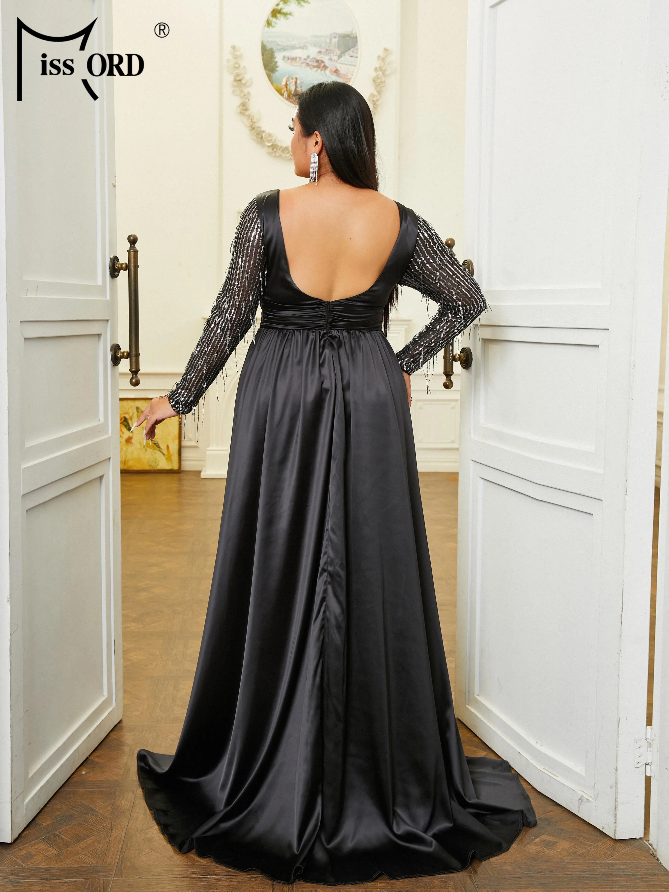 Missord New Plus Size Black V-Neck A-Line Long Sleeved Split Evening Formal Occasion Dresses