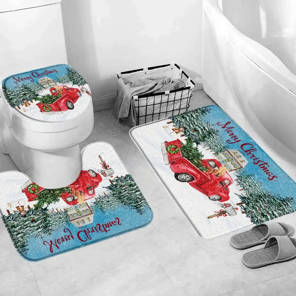 Christmas Bathroom Floor Mat Set Winter Snow Snowman Vintage Farmhouse Rustic Christmas Theme Bathtub Toilet Decoration