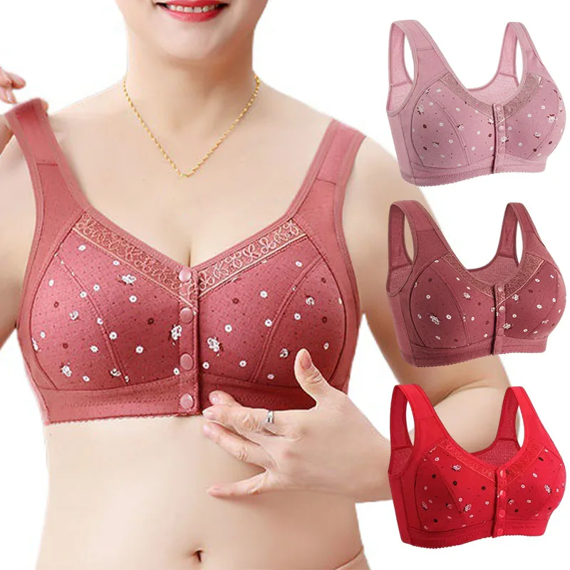 FallSweet Front Closure Cotton Bra for Women Plus Size Seamless Wireless Sports Bras Thin Underwear for Middle-Aged & Elderly