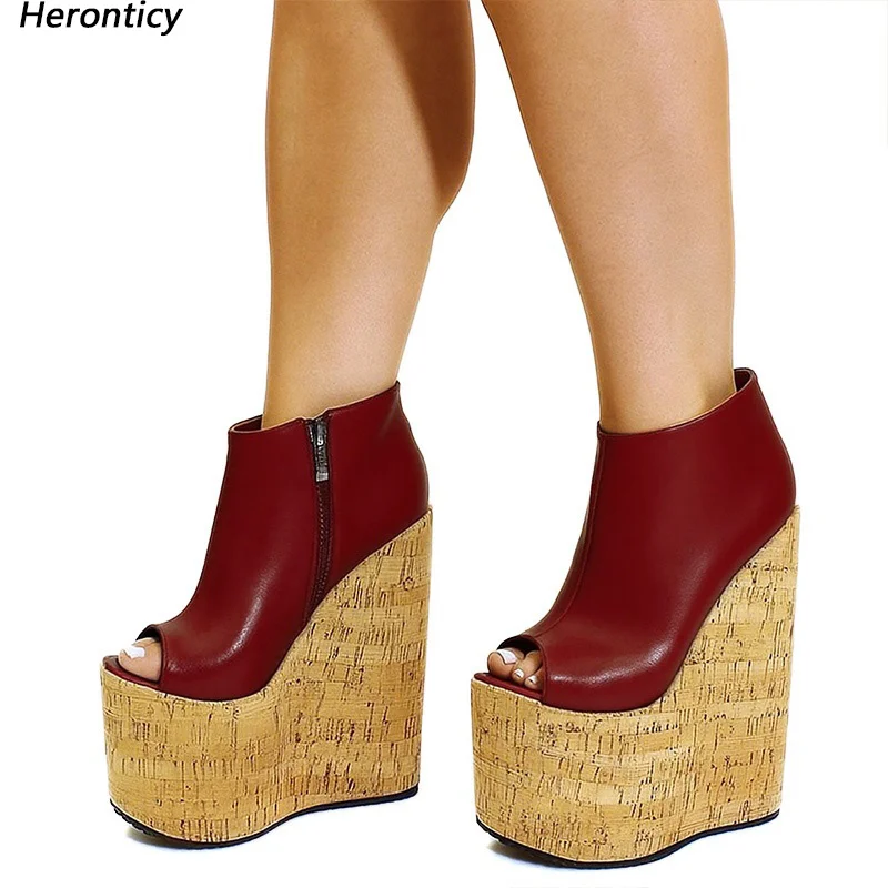 

High Quality Women Platform Pumps Faux Leather Wedges High Heels Peep Toe Pretty Wine Red Club Shoes Ladies US Plus Size 5-15