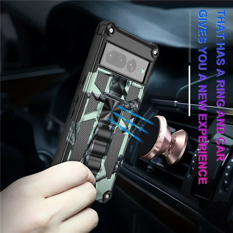 جراب كلاسيكي مموه للصدمات لجوجل بيكسل 8 برو/7 برو/7A/6A/6 برو غطاء هاتف بمسند للجلد