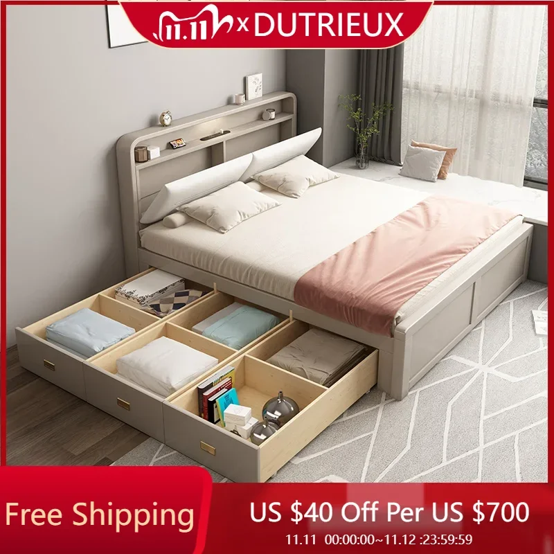 

Draw Wood Modern Bed Storage Aesthetics Wedding Frame European Headboard Bed Light Luxury High Quality Double Muebles Furniture