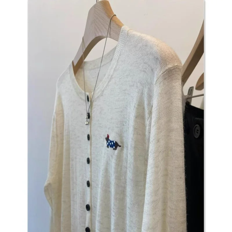 

Нежный женский вязаный кардиган в японском стиле с длинными рукавами, легкий, мягкий, с принтом в горошек и собачьим дизайном, удобный для повседневной носки, зимняя верхняя одежда