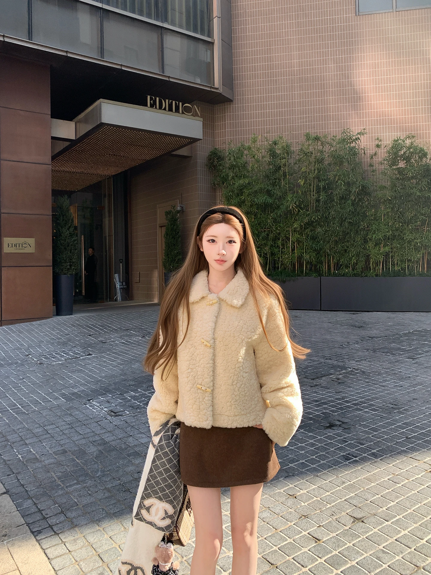 Chen Daya 厚みのある羊皮コート レディース 秋冬デザイン 襟付き ボタン付き プラッシュ アウター ルーズフィット 長袖 ショートコート