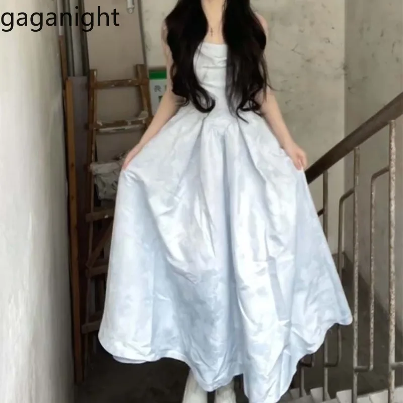 

Gaganight Women Dresses Sleeveless 2025 Summer Fashion French Style Square Collar Solid Princess Party Elegant Dress Casual