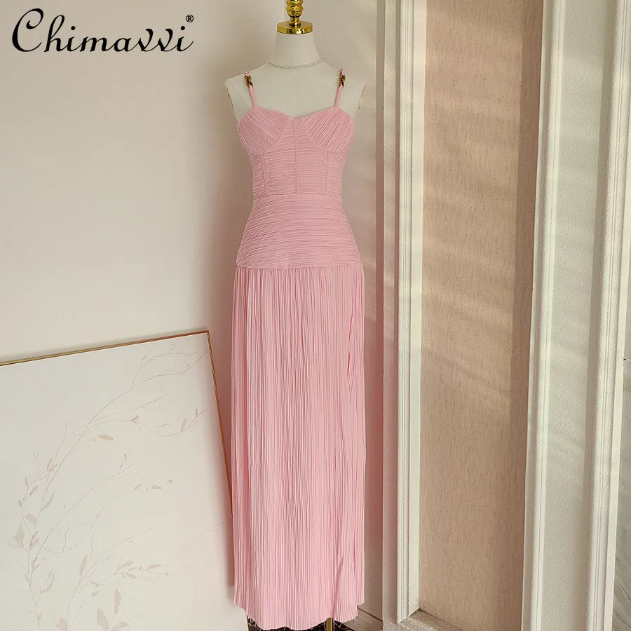 

French Elegant Temperament Celebrity Evening Party Dress V-Neck Sleeveless High Waist Slim A-line Simple Long Dress Women Summer