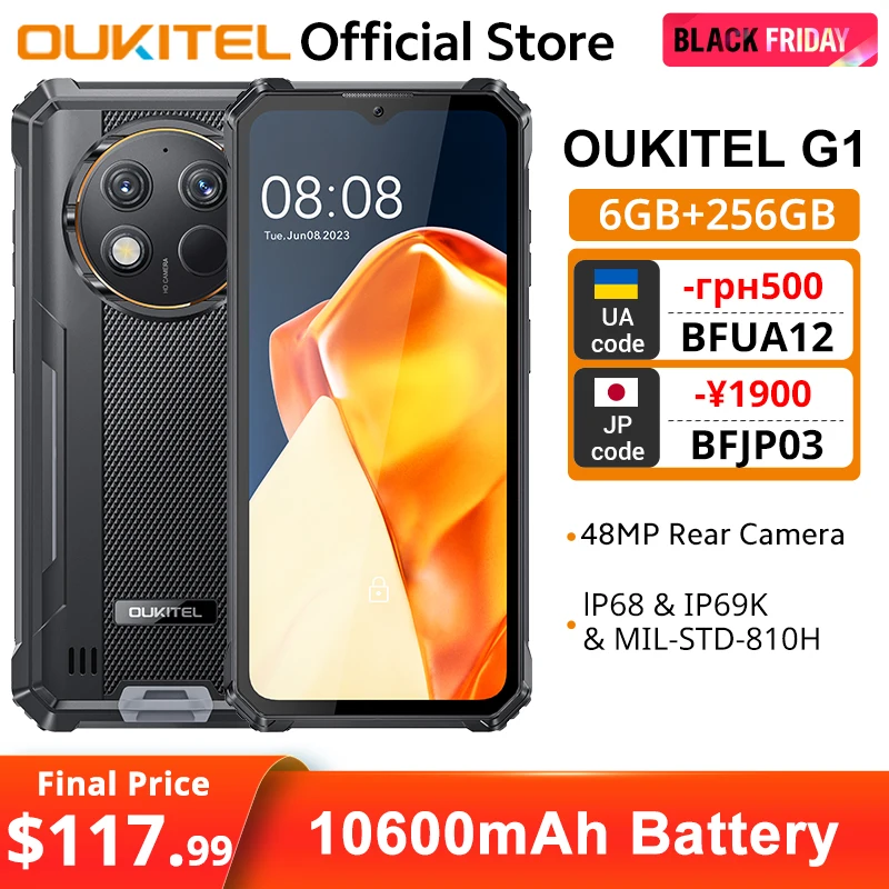 هاتف ذكي Oukitel G1 متين الإصدار العالمي 6.52 بوصة HD + 10600 مللي أمبير في الساعة 6 جيجابايت + 256 جيجابايت Android14 كاميرا 48 ميجابكسل هاتف محمول NFC