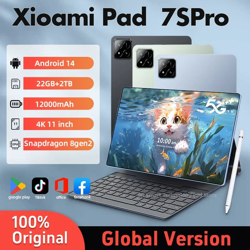 2025 New Original Global Edition Tablet PC Pad 7S Pro, with Snapdragon 8gen2, Android 14 HD 4K, 22GB + 2TB, Dual SIM 5G and WIFI