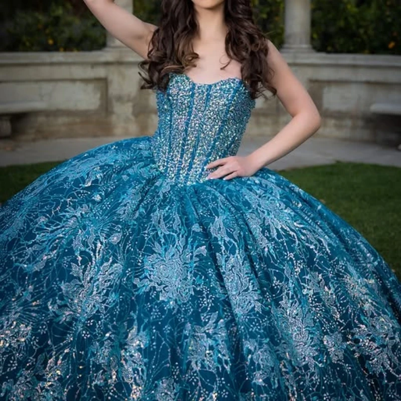 

Sea Blue Shiny Quinceanera Dresses Off The Shoulder Sequin Applique Lace Beads Corset Party Birthday Sweet 16 Dress Vestidos 15
