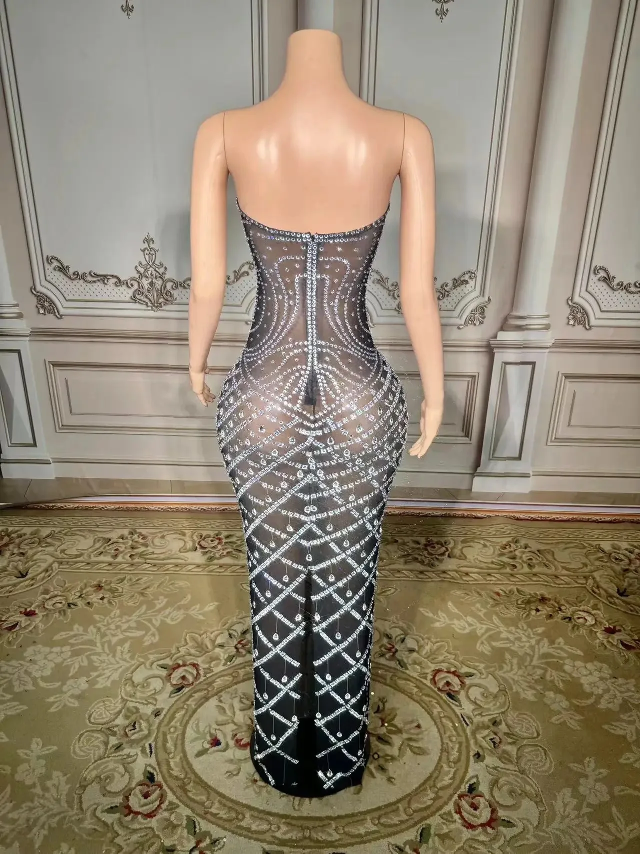 Sparkly Rhinestones Black Tube Long Dress for Women Sexy Mesh Transparent Evening Birthday Celebrate Prom Photo Shoot Dress