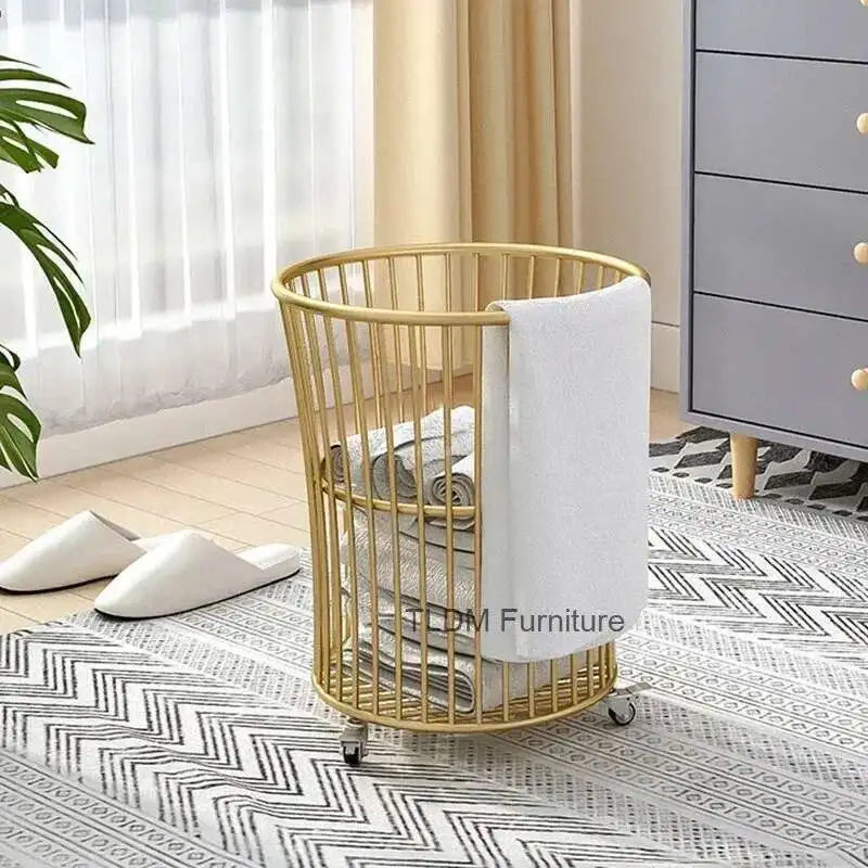 

Modern Bathroom Iron Art Laundry Baskets Luxury Dirty Clothes Basket Household Clothes Storage Basket Golden Belt Wheels w