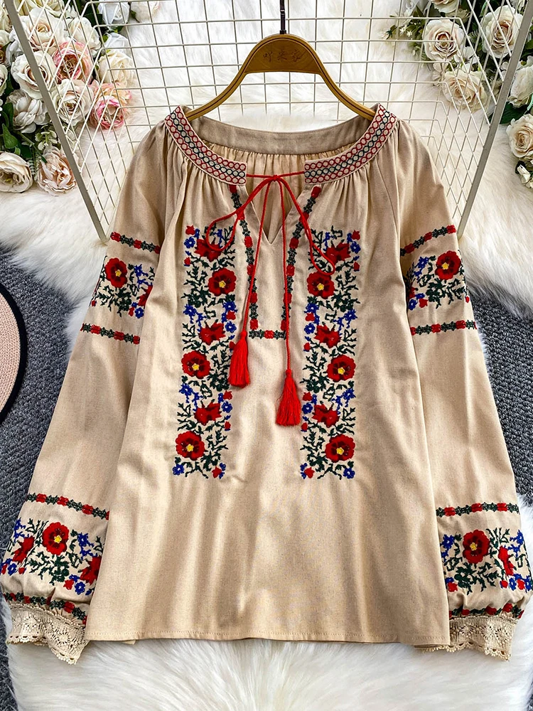 المرأة الخريف البوهيمي بلوزة العرقية المطرزة س الرقبة قميص عادية ربطة القوس فيونكة فضفاضة الكتان القطن الإناث البلوفرات فتاة BL256 #1