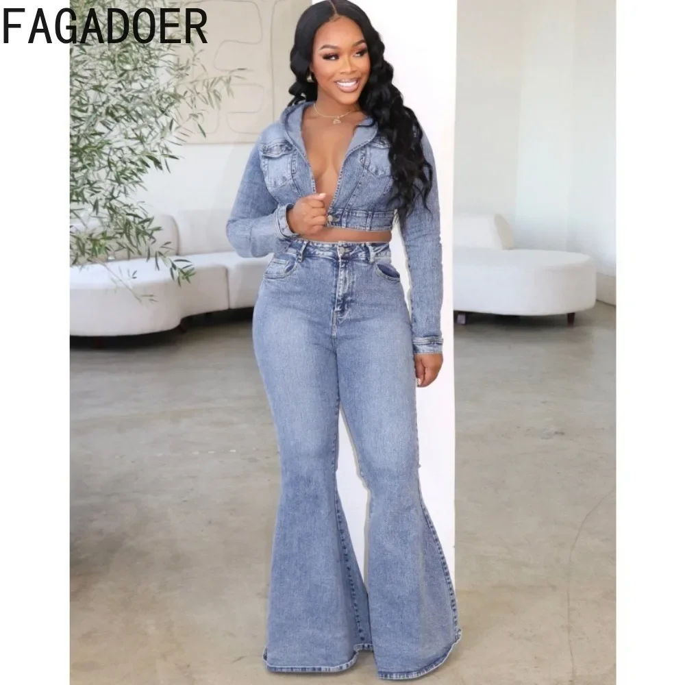 FAGADOER Vintage Denim Fashion Flared Pants Two Piece Sets Women Hooded Long Sleeve Crop Top + Pants Outfits Female Cowboy Suits