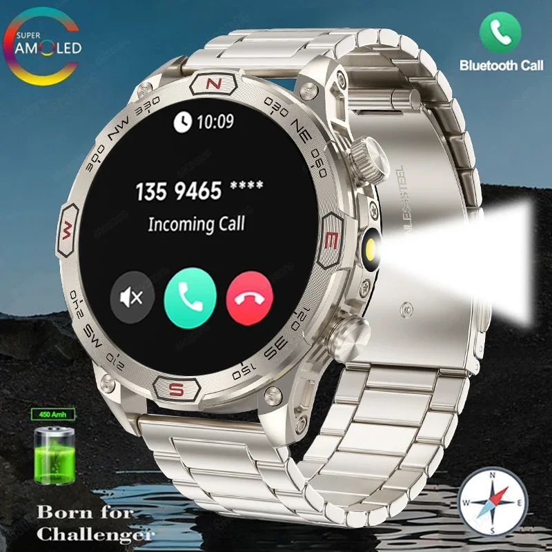 

Fashion Smart Watch 466*466 AMOLED 1ATM Waterproof Outdoor Flashlight Compass Clock Bluetooth Call GPS Track Sports Smartwatch