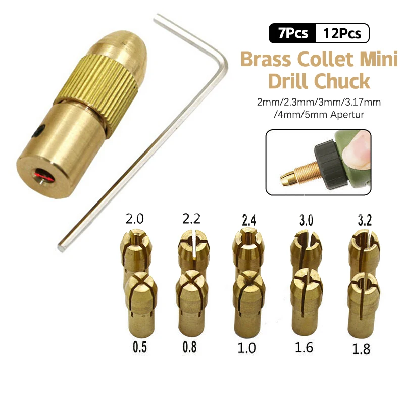 Broca de pinça de latão, Ferramenta de broca auto-apertante, Adaptador Chuck, Liberação rápida, Keyless Bit Adapt, 2-5mm, 7 PCs/set, 12 PCs/set