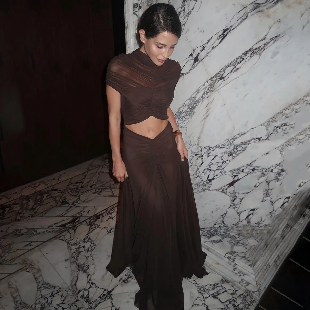 

Solid Slim Dress New Women Ruched Irregular Mesh Patchwork High Waist See Long Prom Dresses Female Elegant Party Vestidos