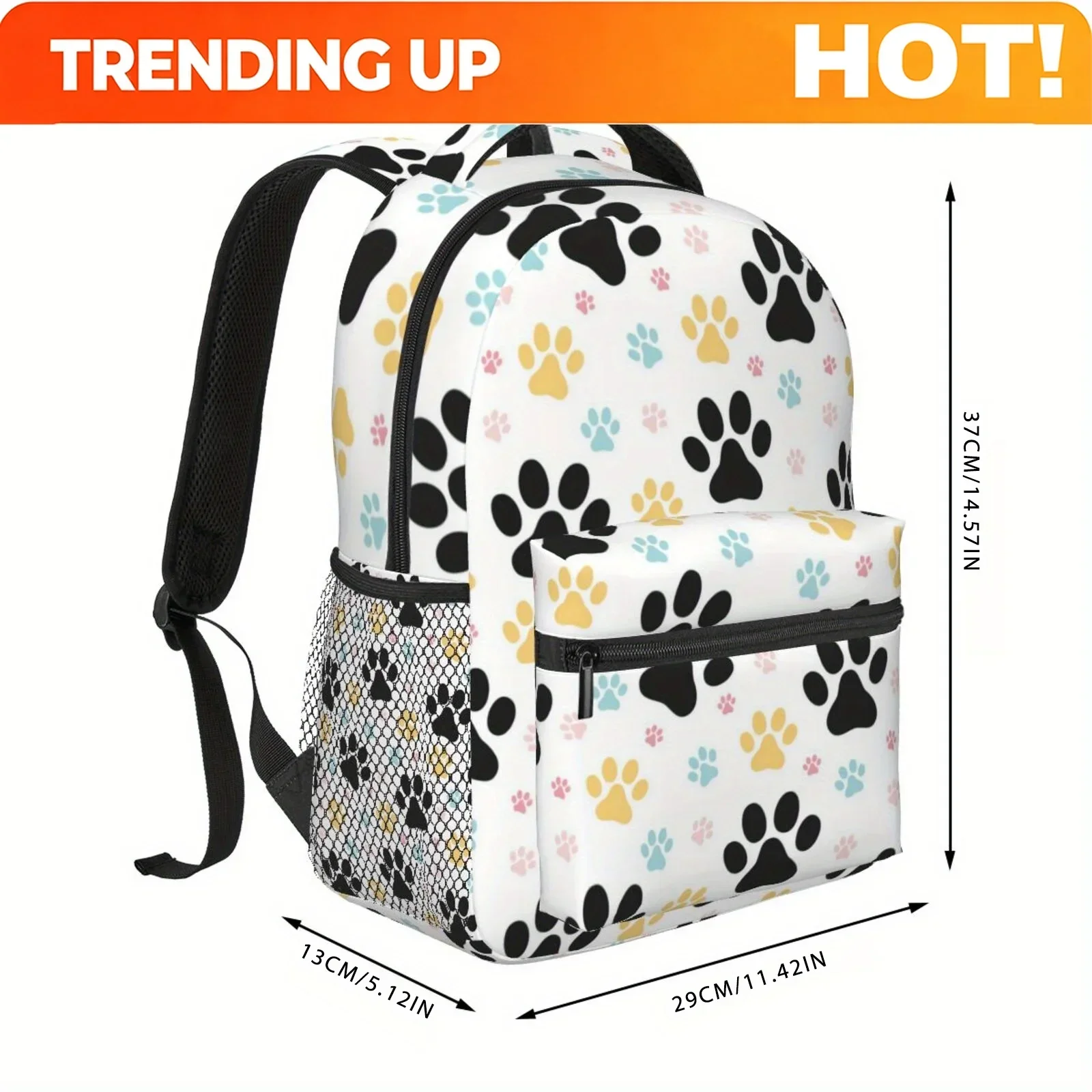 Custom Bag 1pc Cute Pet Paw Print Backpack - Lightweight, Durable Polyester Fiber, Double Mesh Pocket, Zipper Closure, Ideal For