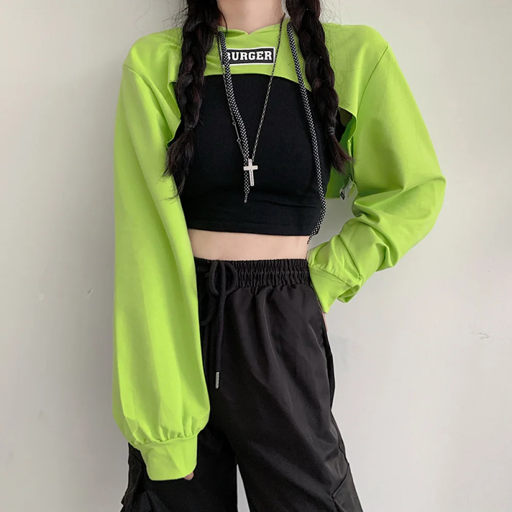 

Women's high-waist sweatshirt loose Korean style short navel-baring long-sleeved jazz hip-hop top thin hooded